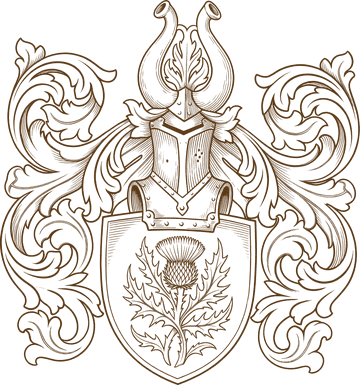 The Distel family arms: a thistle in flower on a shield, beneath a helm with mantling and a thistle crest